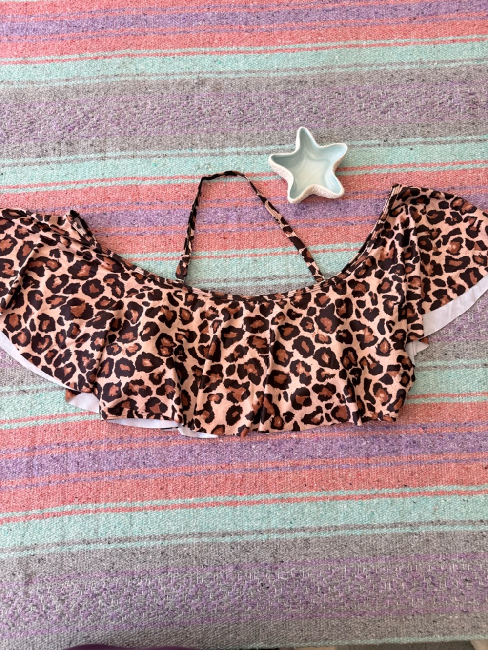 Leopard Ruffle Bikini Top Off Shoulder Flounce Swim Top 20W